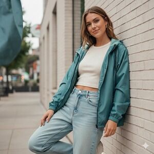 Ease of Motion Women Teal Lightweight Hooded Windbreaker Jacket XL